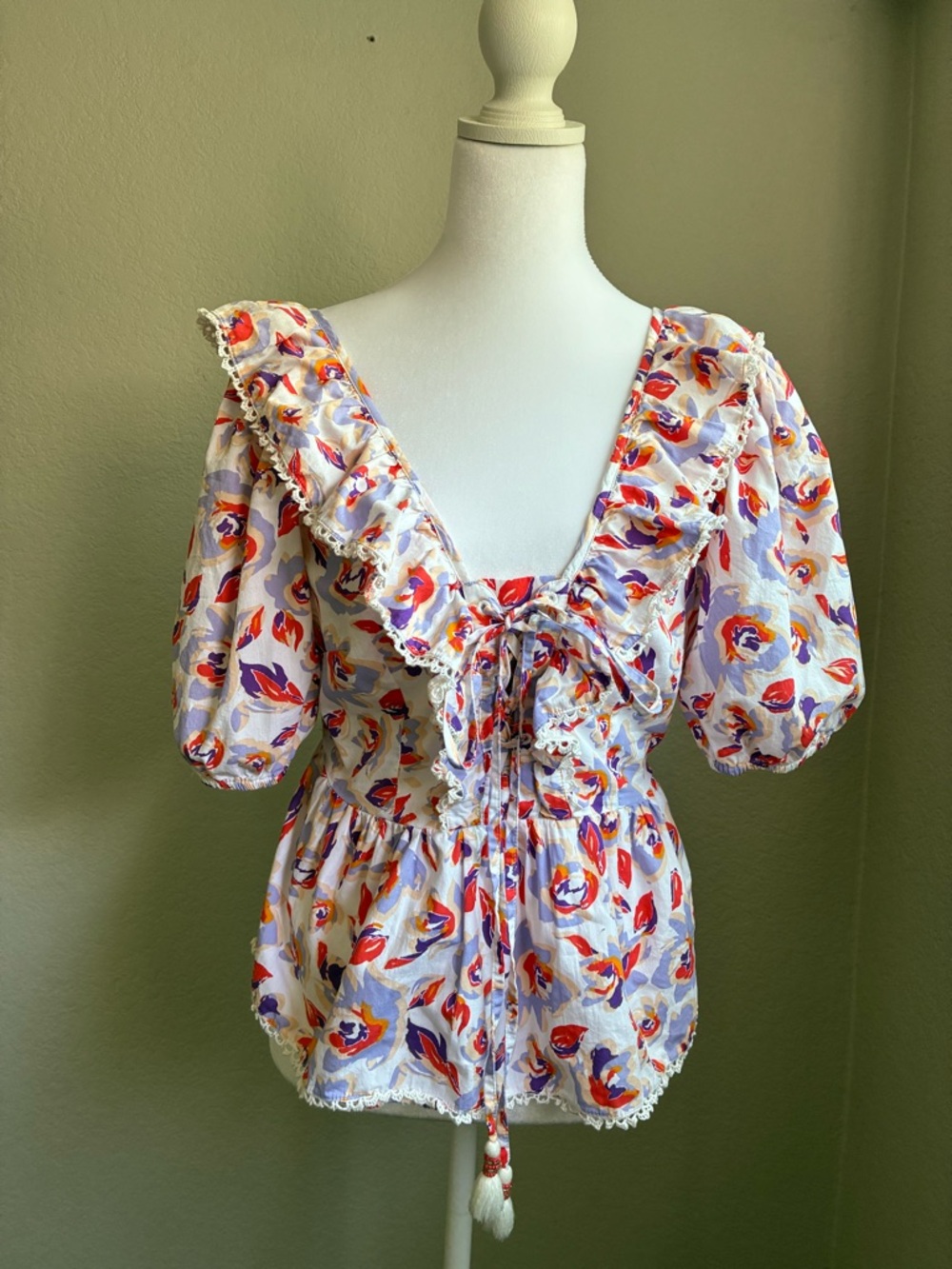 Maeve Anthropologie Cotton Floral Ruffle Tie-Front Blouse Size Small